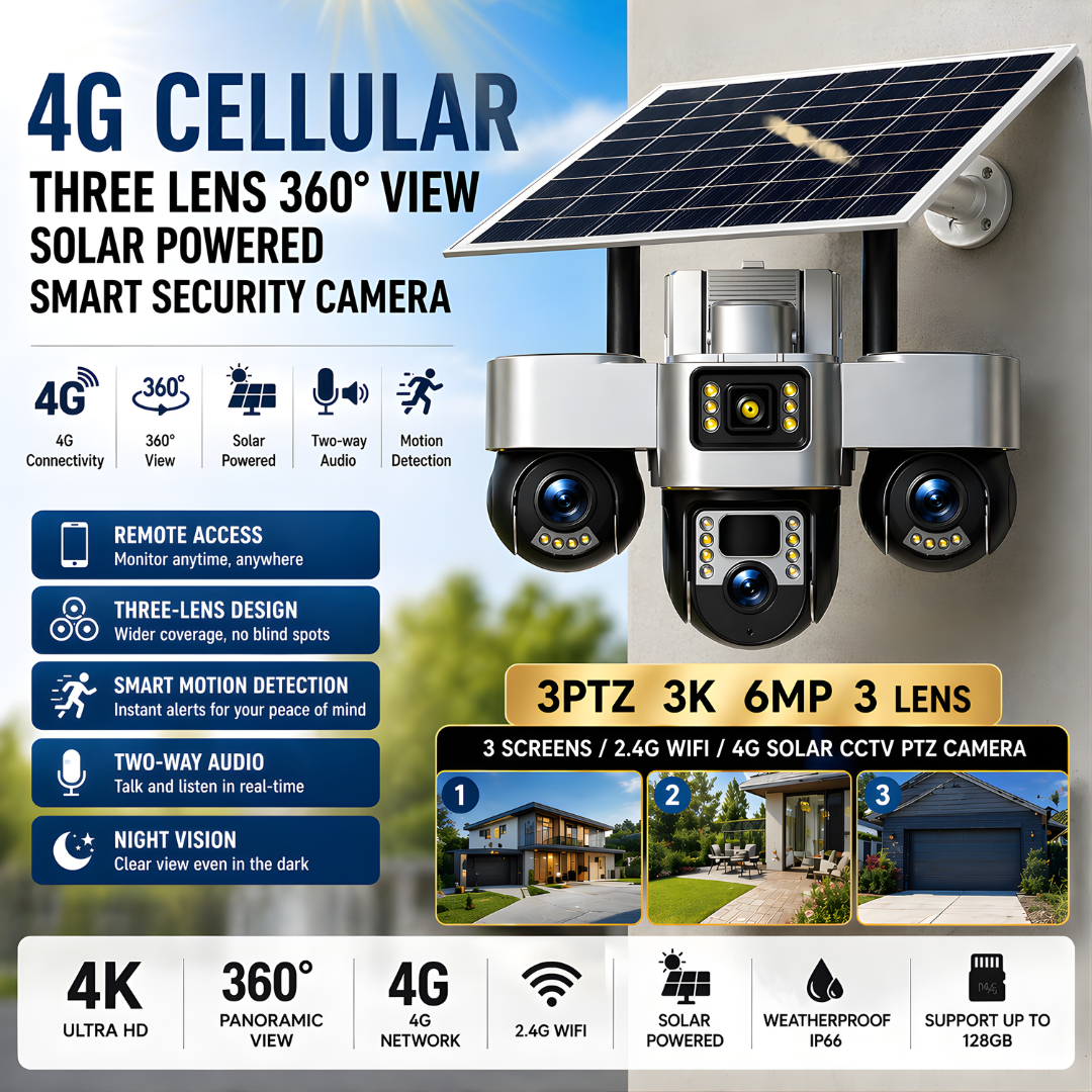 4g cellular three lens 360 degree view solar powered smart security camera