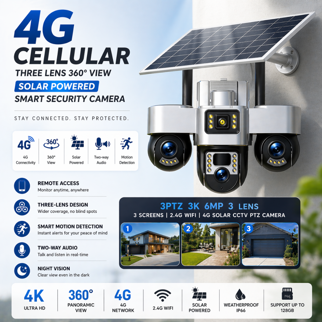 4g cellular three lens 360 degree view solar powered smart security camera