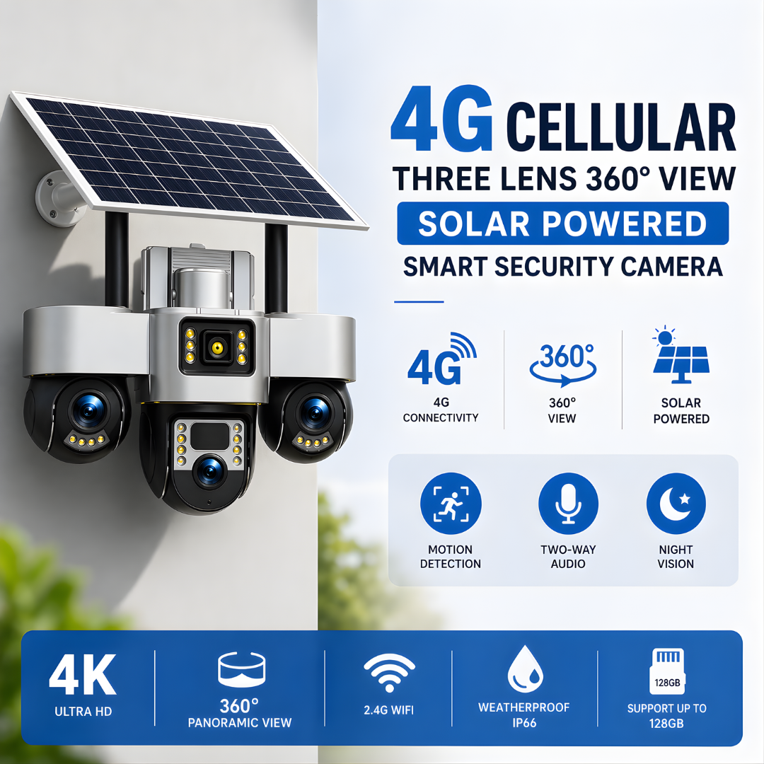 4g cellular three lens 360 degree view solar powered smart security camera