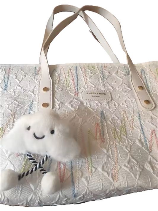 Nylon Handbag Fashionable Zipper Closure Shoulder Bag Waterproof Features Handheld Stripe with hanging Kitty - Pink