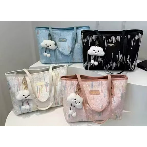 Nylon Handbag Fashionable Zipper Closure Shoulder Bag Waterproof Features Handheld Stripe with hanging Kitty - Blue